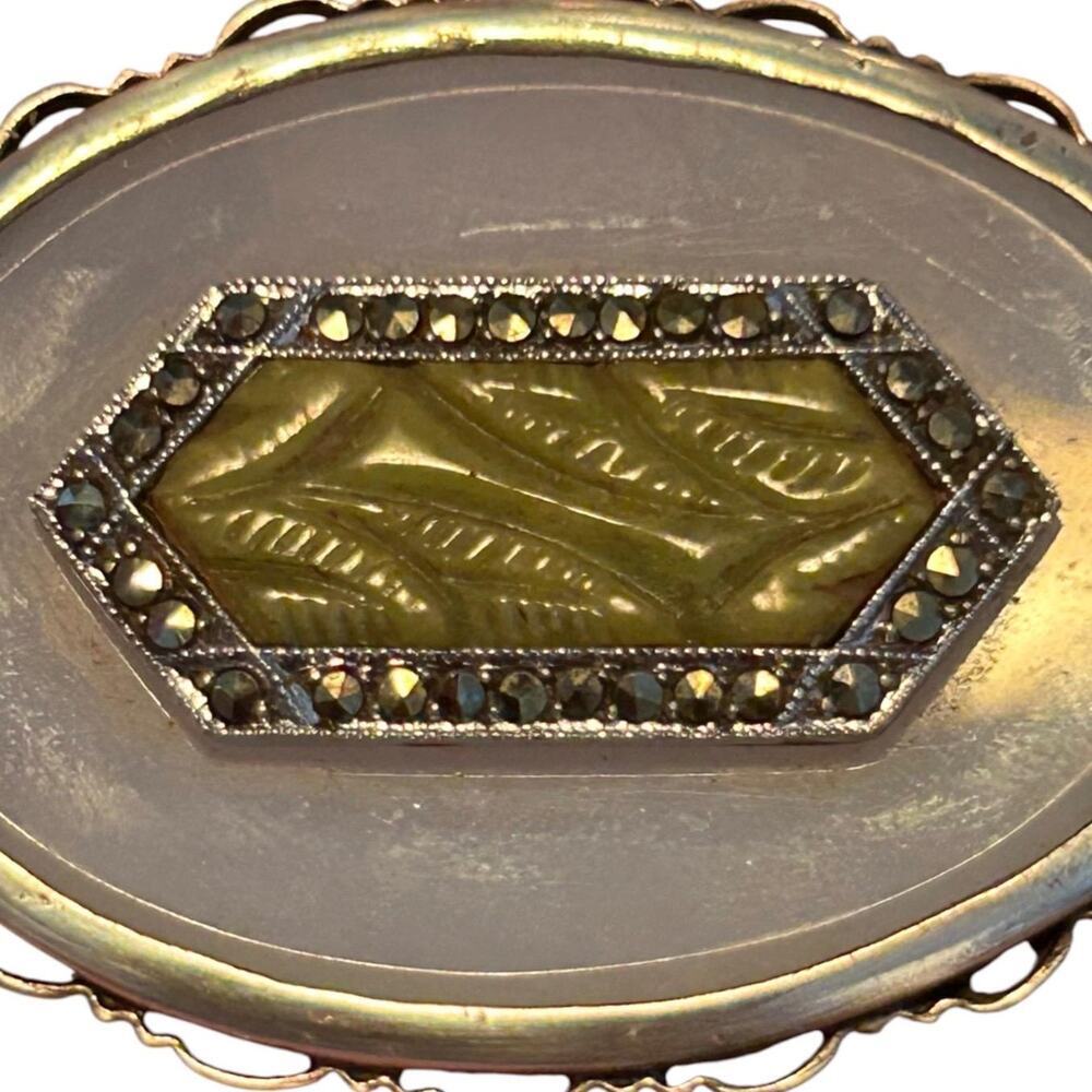Antique Silver Chalcedony, Connemara Marble, Marcasite Brooch c. 1895–1915 - Picture 2 of 7